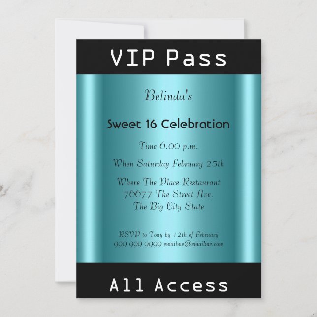 VIP pass Sweet 16 Birthday Party Black Teal Invitation (Front)