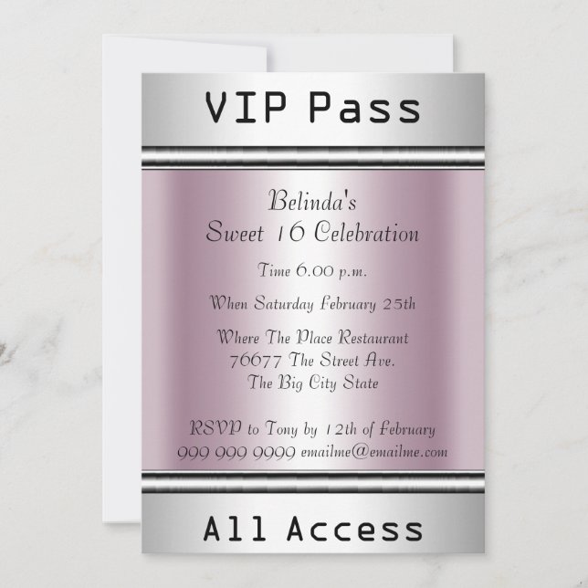 VIP pass Sweet 16 Birthday Party White Pink Invitation (Front)