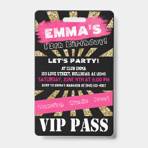 VIP Pink & Gold Any Event Pass Custom Wording Badge