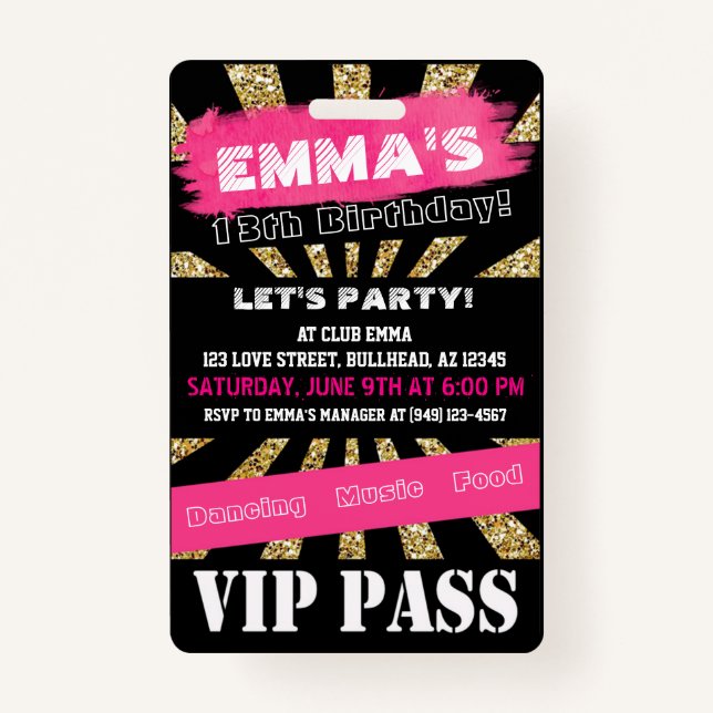 VIP Pink & Gold Any Event Pass Custom Wording Badge (Front)
