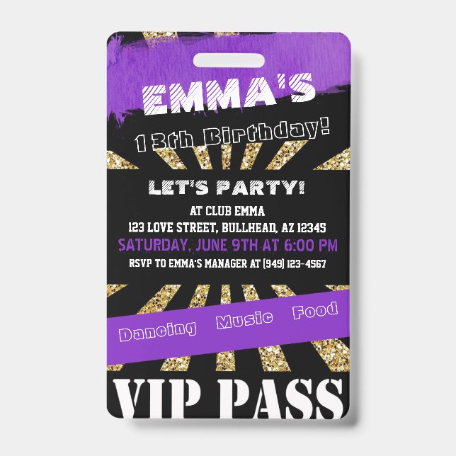 VIP Purple & Gold Any Event Pass Birthday Invite Badge (Front)