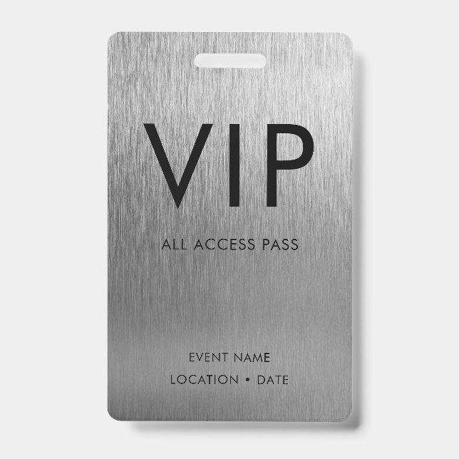 VIP Simple Font on Brushed Silver Metallic Badge (Front)