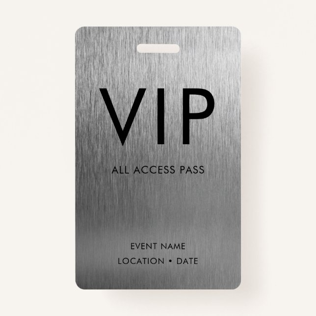 VIP Simple Font on Brushed Silver Metallic Badge (Front)