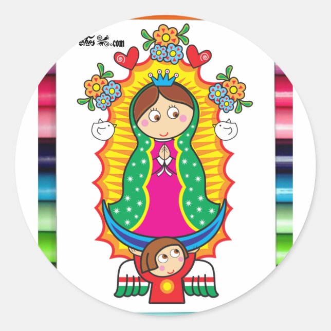 VIRGEN DE GUADALUPE CARICATURA 01 CUSTOMIZABLE PRO CLASSIC ROUND STICKER (Front)
