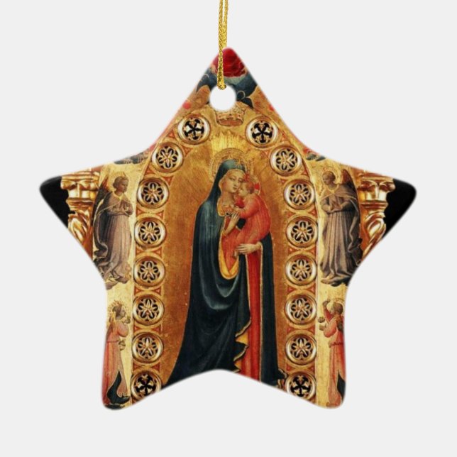 VIRGIN AND CHILD, ANGELS GOLD SACRED ART Red Ruby Ceramic Ornament (Front)