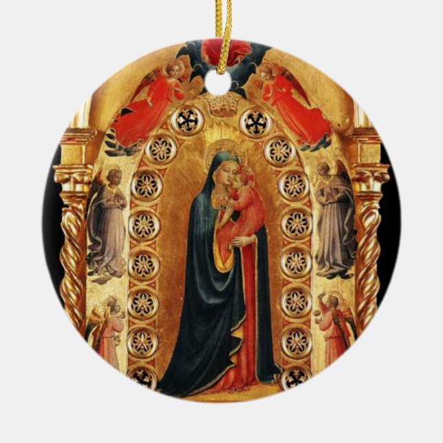 VIRGIN AND CHILD, ANGELS GOLD SACRED ART Red Ruby Ceramic Ornament (Front)