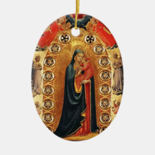 VIRGIN AND CHILD, ANGELS GOLD SACRED ART Red Ruby Ceramic Ornament