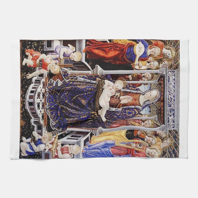 Virgin and Child Enthroned with Music-Making Angel Kitchen Towel (Horizontal)