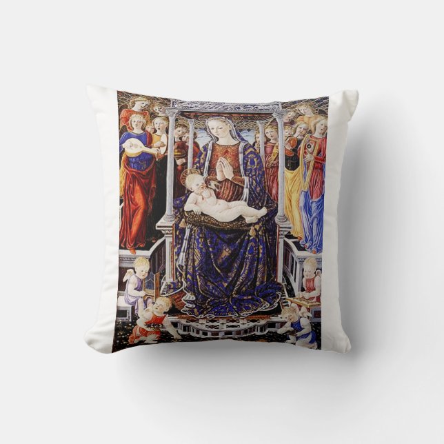 Virgin and Child Enthroned with Music-Making Angel Throw Pillow (Front)