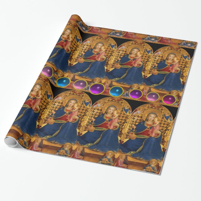 VIRGIN AND CHILD WITH ANGELS ,PINK BLUE GEMSTONES WRAPPING PAPER (Unrolled)