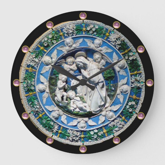 VIRGIN AND CHILD WITH ANGELS, Round Pink Gemstones Large Clock (Front)