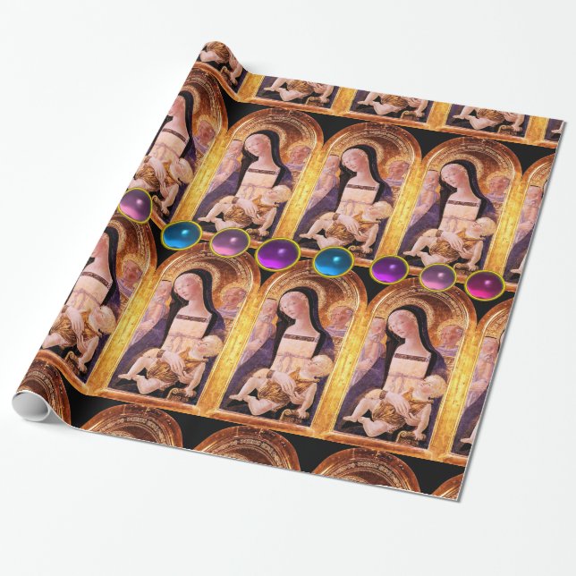 VIRGIN AND CHILD WITH BLUE ,PINK,PURPLE GEMSTONES WRAPPING PAPER (Unrolled)