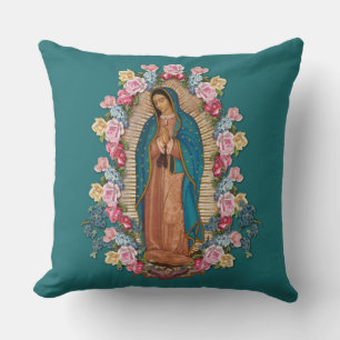 Virgin Guadalupe Catholic Religious Roses  Throw Pillow