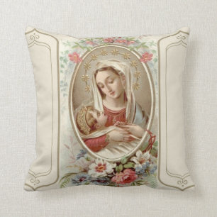 Virgin Madonna Mary with Christ Child Jesus Roses Throw Pillow