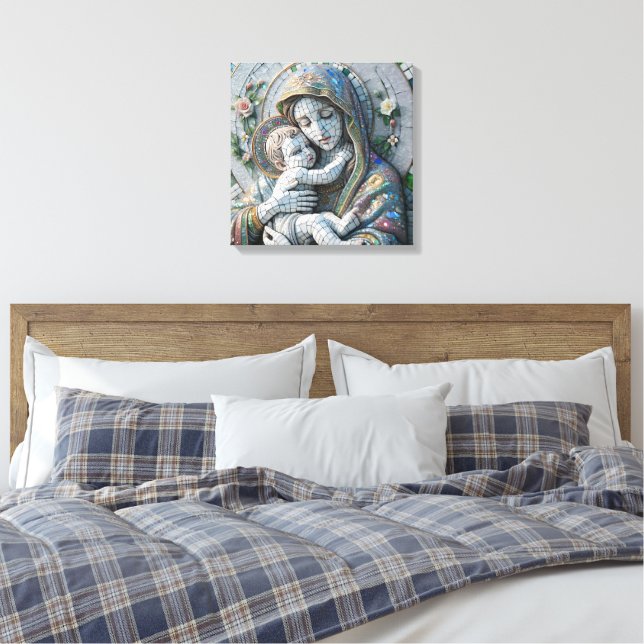 Virgin Mary and Baby Jesus | Mosaic Statue Canvas Print (Insitu(Bedroom))
