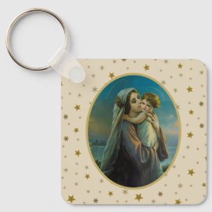 Virgin Mary and Baby Jesus on Starry Background Keychain