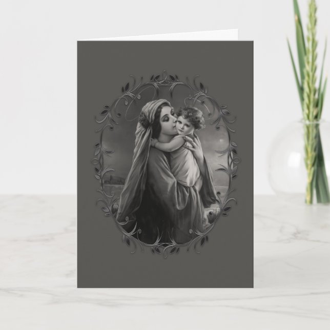 Virgin Mary and Child Jesus with Dark Silver Frame Holiday Card (Front)