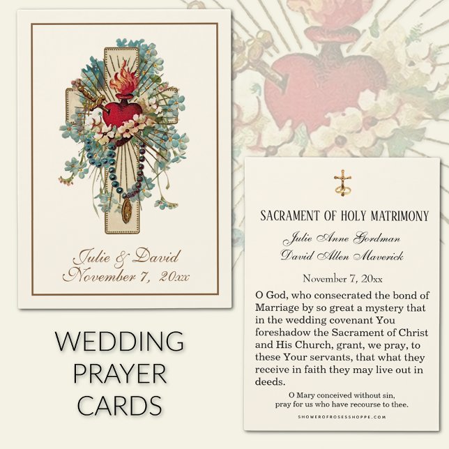 Virgin Mary Blue Floral Wedding Favour Card  (Traditional Catholic Immaculate Heart of Mary Wedding Prayer Cards)