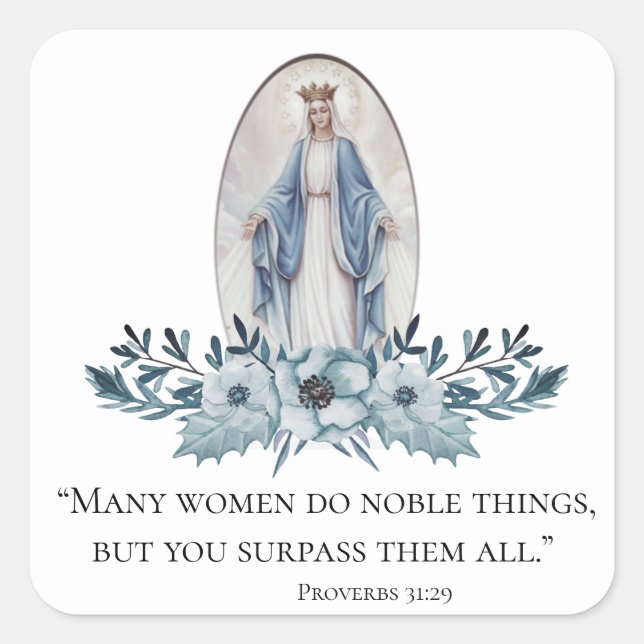 Virgin Mary | Blue Flowers | Scripture Square Sticker (Front)