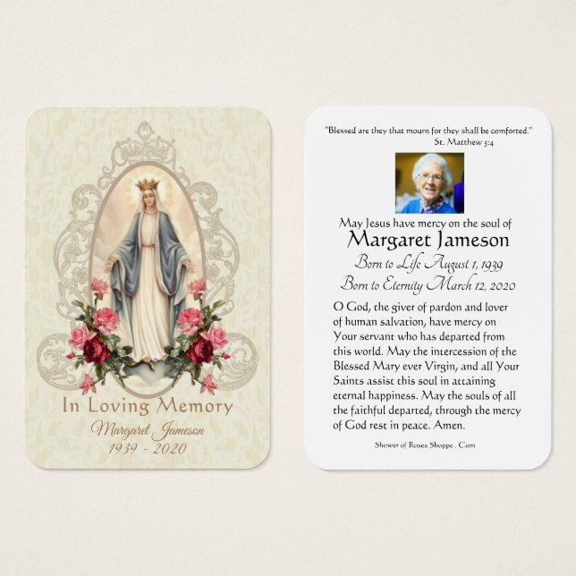 Virgin Mary Catholic Funeral Memorial Holy Card - (Front & Back)