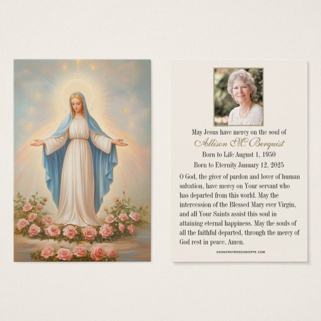 Virgin Mary Catholic Funeral Memorial Holy Card - (Front & Back)
