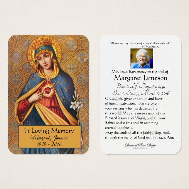 Virgin Mary Catholic Funeral Memorial Holy Card - (Front & Back)
