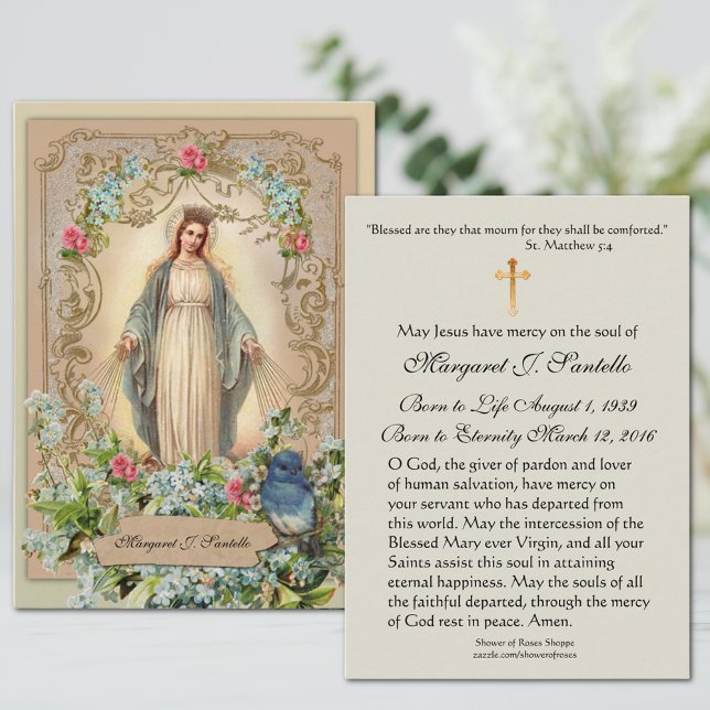 Virgin Mary Catholic Funeral Memorial Holy Card - (Traditional Catholic Funeral Prayer Card of the Blessed Virgin Mary, Our Lady of Grace)