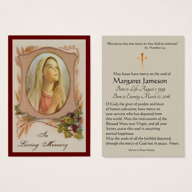Virgin Mary Catholic Funeral Memorial Holy Card - (Front & Back)