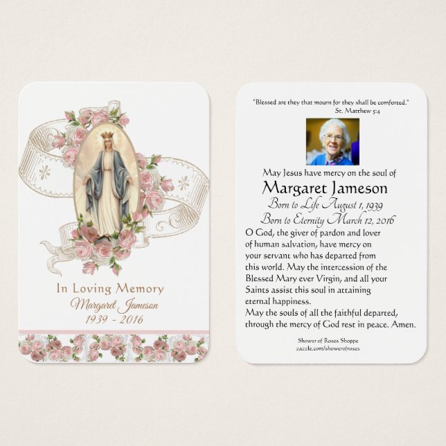 Virgin Mary Catholic Funeral Memorial Holy Card - (Front & Back)