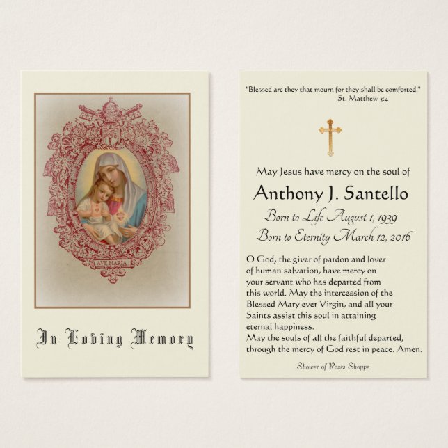 Virgin Mary Catholic Funeral Memorial Holy Card - (Front & Back)