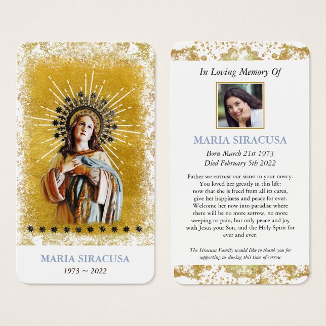 Virgin Mary Catholic Funeral Memorial Prayer Card (Front & Back)