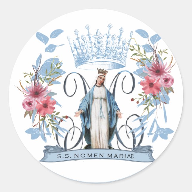 Virgin Mary Catholic Religious Mother Mary Floral Classic Round Sticker (Front)