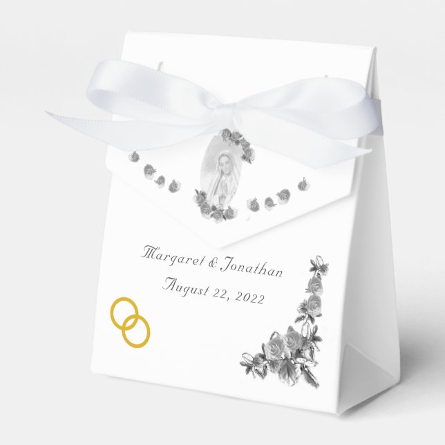 Virgin Mary Catholic Silver Wedding Favor Box (Front Side)