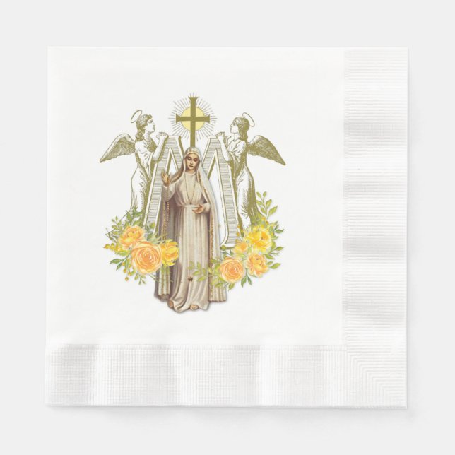 Virgin Mary Fatima Floral Yellow Roses Rosary Napkin (Front)