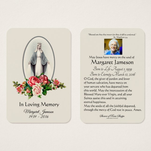 Virgin Mary Floral Funeral Memorial Holy Card - (Front & Back)