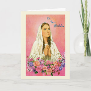 Virgin Mary Floral Religious Mid-century Birthday Card