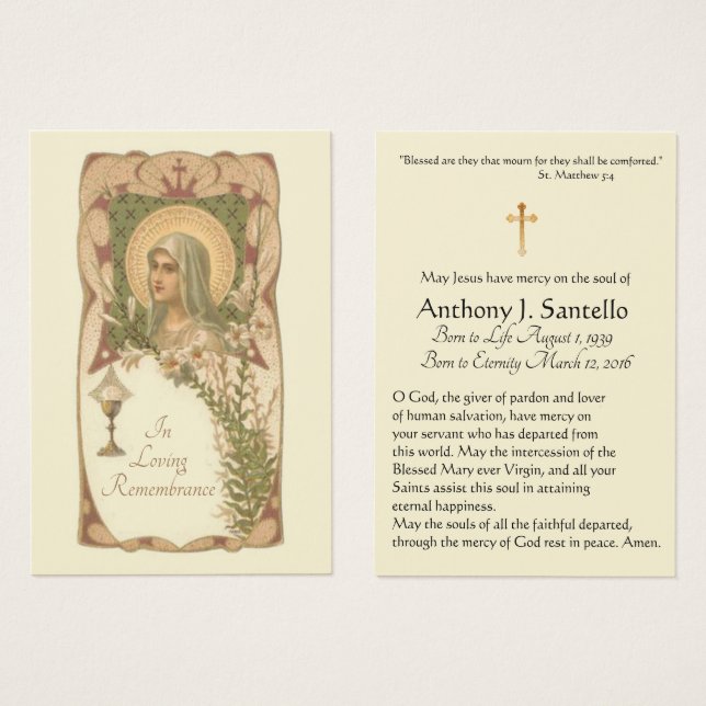 Virgin Mary Funeral Sympathy Prayer Holy Card (Front & Back)