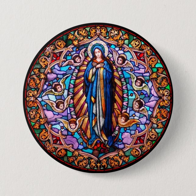 Virgin Mary in Blue Robe Replica Stained Glass 3 Inch Round Button (Front)