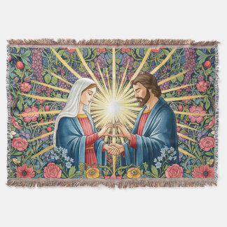 Virgin Mary & Jesus Christ Heart / Christian Art Throw Blanket