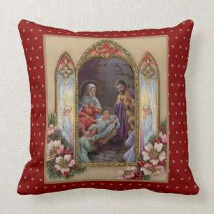 Virgin Mary Jesus Nativity Christmas Vintage Throw Pillow