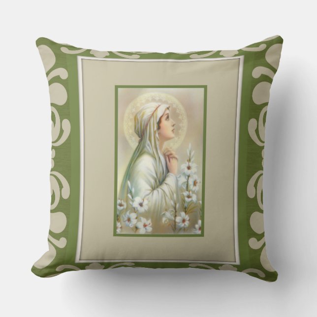 Virgin Mary Lady  Mental Peace Lilies Green Decor Throw Pillow (Front)