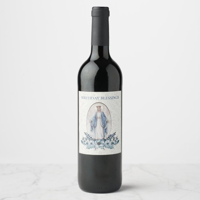 Virgin Mary Lady of Grace  Blue Floral Lace Wine Label (Front)