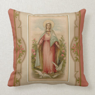 Virgin Mary Madonna with doves & flowers Throw Pillow