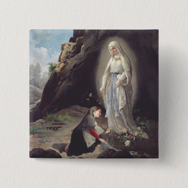 Virgin Mary of Lourdes 2 Inch Square Button (Front)