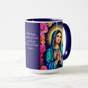 Virgin Mary Prayer Rose Floral Blue Coffee Mug