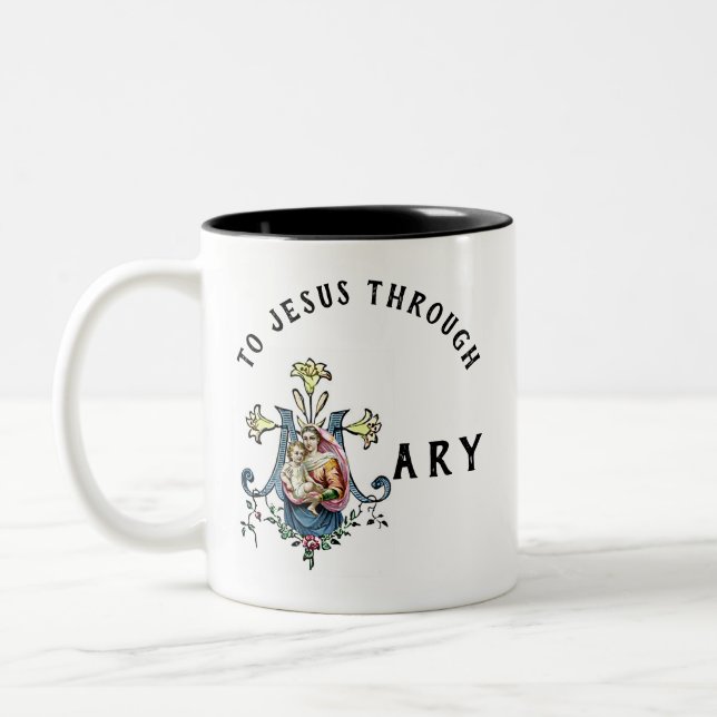 Virgin Mary Religious Catholic Jesus Prayer Two-Tone Coffee Mug (Left)