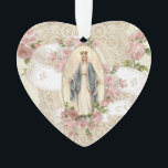 Virgin Mary Religious Vintage Roses Lace Ornament<br><div class="desc">This is a double sided traditional Catholic religious ceramic ornament of the Blessed Virgin Mary, Our Lady of Grace, with lace design and pink roses. On the back has a lovely gold crucifix with lace, roses, and template for a name or other text. A ribbon makes it easy to display...</div>