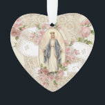 Virgin Mary Religious Vintage Roses Lace Ornament<br><div class="desc">This is a double sided traditional Catholic religious ceramic ornament of the Blessed Virgin Mary, Our Lady of Grace, with lace design and pink roses. On the back has a lovely gold crucifix with lace, roses, and template for a name or other text. A ribbon makes it easy to display...</div>