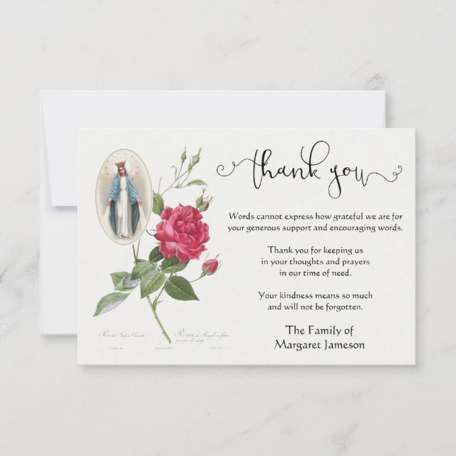 Virgin Mary Roses Thank You Condolence Card (Front)