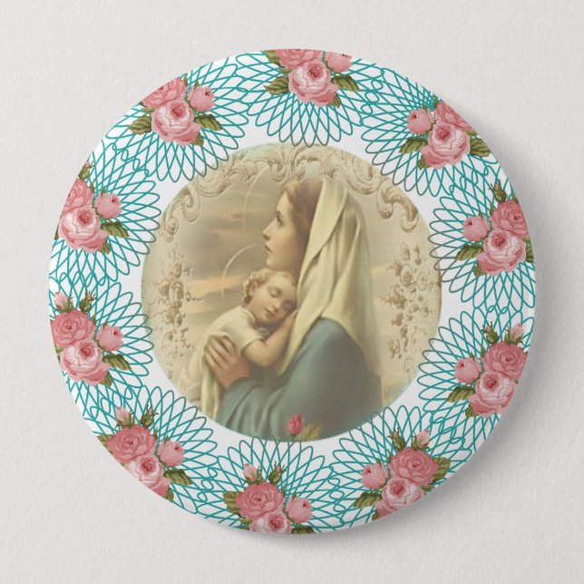 Virgin Mary w/baby Jesus Spirals & roses 4 Inch Round Button (Front)